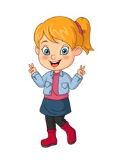Cartoon little girl showing peace hand sign