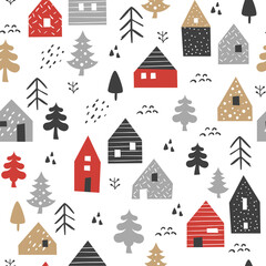 Winter seamless pattern with tiny houses in forest. Perfect for wrapping paper, fabric and textile. Scandinavian style, vector Illustration.