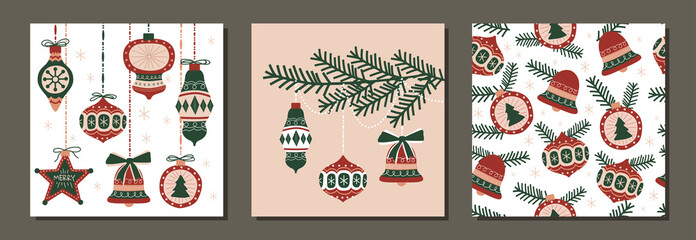 Fototapeta na wymiar Set of modern christmas holiday vector seamless pattern and illustration ornaments design for fabrics, linen, decor and interiors