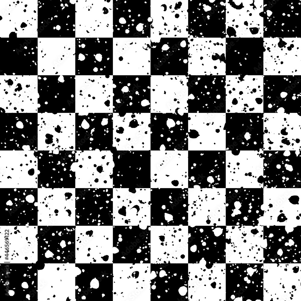 Poster grunge dirty chessboard. vector paint stain chess board. vector checker wallpaper with blots from pa