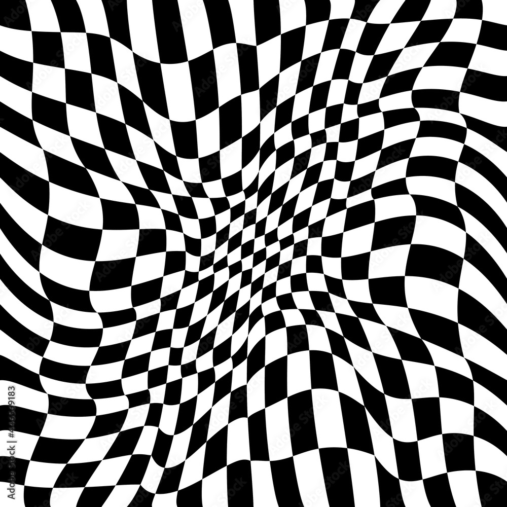 Poster Wavy curved flag. 3D race flag seamless wallpaper. Repeated checkered twisted pattern.
