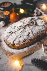Traditional german stollen cake with Christmas decorations.