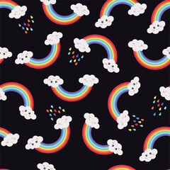 Colorful seamless pattern with bright rainbow, happy clouds and raindrops on black background.  Perfect for design clothing print, greeting cards, wrapping, wallpapers, etc. Vector illustration.