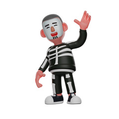 3D Skeleton Boy Cartoon Character waving hands
