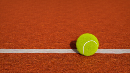 Bright yellow tennis ball near the line of a clay court. Close up of tennis ball. low angle. Ideal for a slide presentation. Template. 3D rendering. Top view.