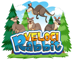 Fototapeta premium Kangaroo cartoon character with Velocirabbit font banner isolated