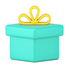 Festive green gift box 3d icon. Present packaging with gold volume bow