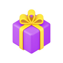 Magenta gift packaging 3d icon. Square surprise with gold ribbon and bow