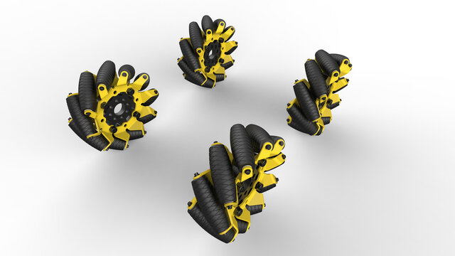 Mecanum wheel, yellow body, and rubber moving parts. Mecanum wheel based on a tireless wheel, with a series of rubberized external rollers obliquely attached to the whole circumference. 3D rendering.
