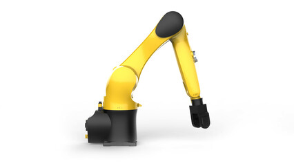 Robot arm on the factory. Automation technology of the industry. 3d hydraulic manipulator on manufacturing production line. The robotic arm on white background. 3D rendering