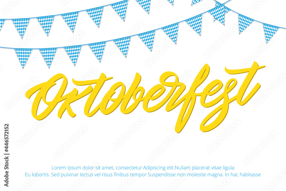 Wall mural Oktoberfest banner design. Germany beer festival background with lettering text and buntings