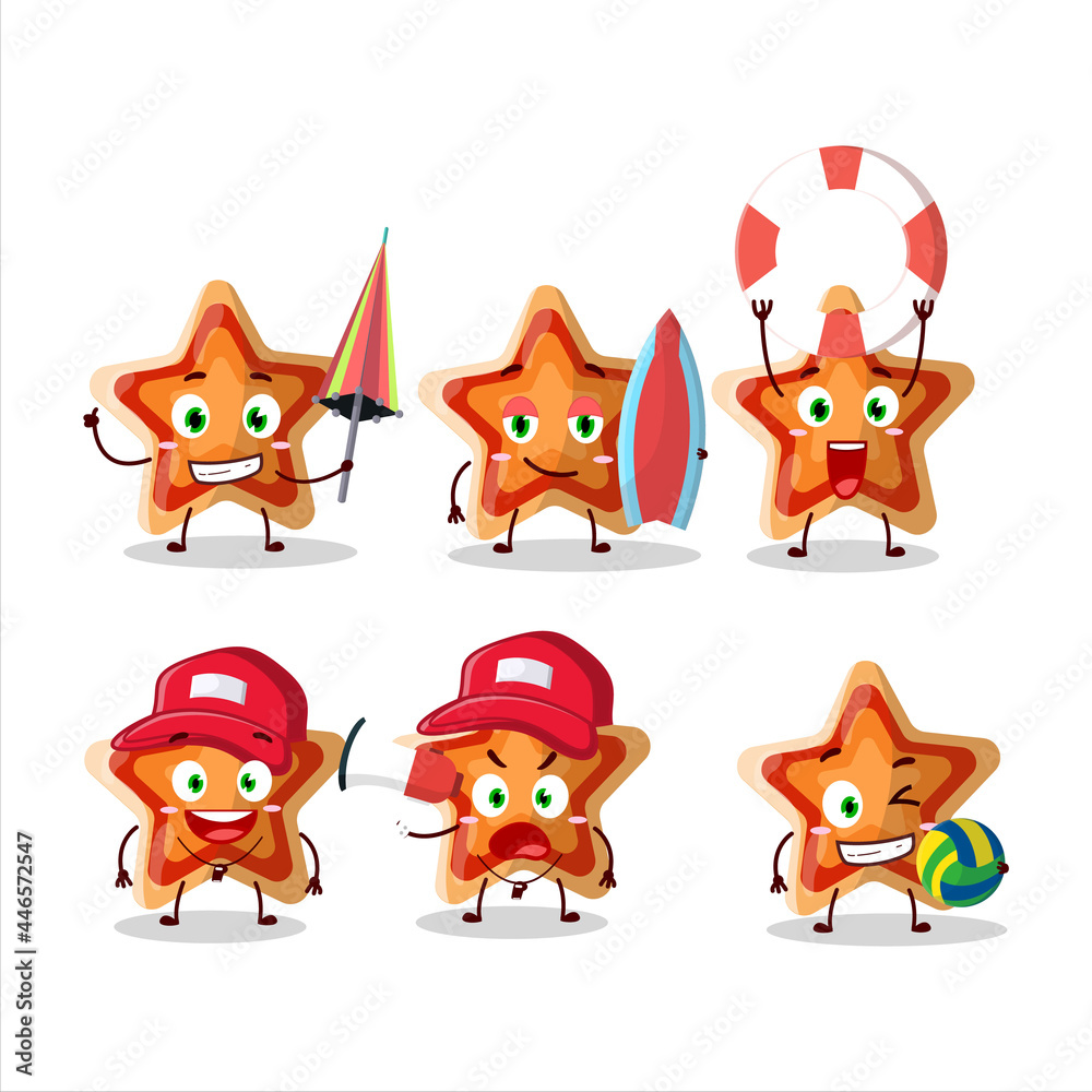 Sticker Happy Face star icon cartoon character playing on a beach