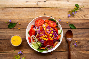 vegetable salad healthy foods of lifestyle diet arrangement flat lay style on background wooden