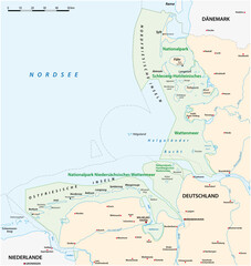 Fototapeta premium Vector map of the three Wadden Sea National Parks in german language, Germany