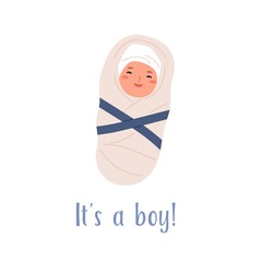 Newborn baby boy swaddled in blanket. Cute new born child with smiling face. Happy infant wrapped in swaddling clothes with blue string. Flat vector illustration of son isolated on white background