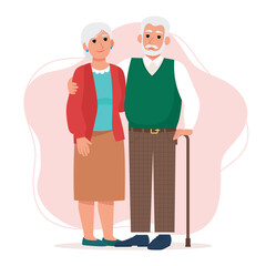 Cute Elderly couple, old man and woman. Happy retirees, grandparents. Vector illustration in flat style