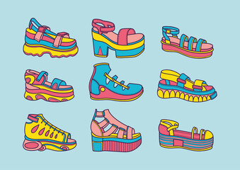 Obraz na płótnie Canvas A set of 9 options for bright summer shoes for stylish girls. Vector illustration, icon, flat, cartoon style. Sneakers, sandals, shoes.
