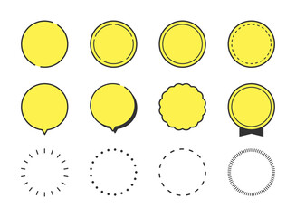 円形、丸型、吹き出し、見出し、ポイント、ラベルのフレームイラストセット（線画、黄色背景、シンプルバージョン）