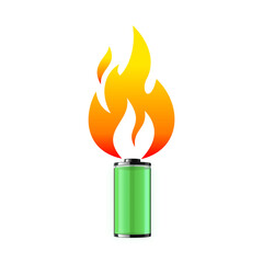 EV battery on fire and burning, electric vehicle lithium ion. hard to extinguish a fire on a car battery. lithium-ion battery with ev car logo and fire on the back burn. 3d rendering.	