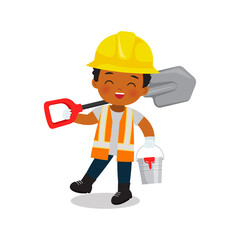 Cute engineer worker boy holding a shovel and metal bucket. Flat vector cartoon design
