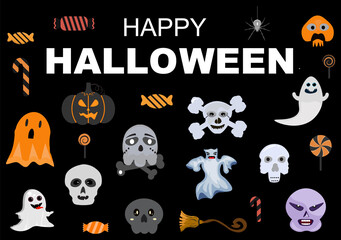 Halloween Night Party Background Silhouette Landing Page Illustration With Witch, Haunted House, Pumpkins, Bats and Other. For Add Your Design Style