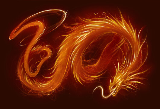 Fire asian dragon horizontal. Fire Asian dragon on the dark background. Digital painting.