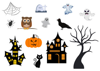 Halloween Night Party Background Silhouette Landing Page Illustration With Witch, Haunted House, Pumpkins, Bats and Other. For Add Your Design Style