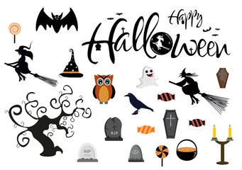 Fototapeta premium Halloween Night Party Background Silhouette Landing Page Illustration With Witch, Haunted House, Pumpkins, Bats and Other. For Add Your Design Style