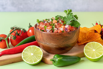 Tomato salsa or salsa Roja traditional Mexican sauce with ingredients for making.