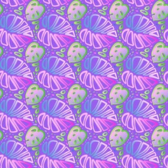 Seamless pattern. Vector neon image. Bright Leaves Monstera Exotic Plants Purple Background Tropical Background 
