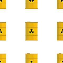 Vector yellow steel barrel of radioactive waste seamless pattern. Container in flat style with radiation icon