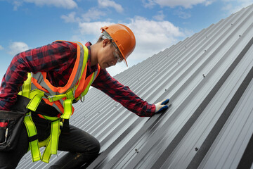 The roofer service inspect roof metal sheet - obrazy, fototapety, plakaty