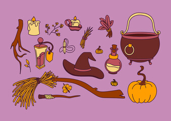 
Halloween set of items for a real witch for the holiday. Broom, hat, 
pumpkin, cauldron, twigs, potions and candles. Cartoon, flat style.