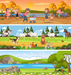 Different panoramic nature landscape set with cartoon character