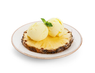 Plate with tasty pineapple ice cream on white background