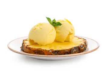 Plate with tasty pineapple ice cream on white background