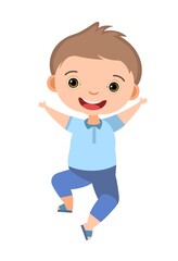 Child funny. Little boy. In fashionable clothes. Kid jumps for joy. Charming active cute character. Cute kid. Face wobble smile. Cartoon style. Isolated on white background. Vector