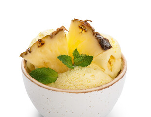 Bowl with tasty pineapple ice cream on white background