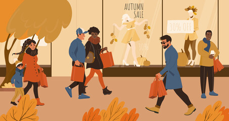 People on the autumn sale shopping walking in the city about the store showcase. Flat vector illustration.