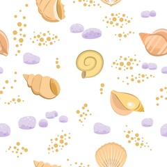 Shells on sand. Bottom of reservoir or beach. Sea ocean. Seamless. Illustration in cartoon style. Flat design. Vector art