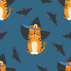 Seamless pattern cute cartoon character tabby cat wearing a witch hat and bats. Childrens vector Halloween background