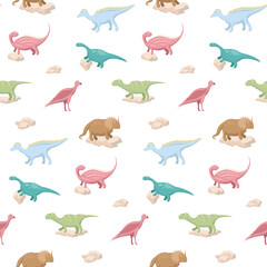 Vector seamless pattern cartoon funny dinosaurs. Vector illustration. Aardonyx. Amurosaurus. Avimimus. Agathaumas.