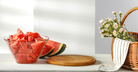 Watermelon on white desk and free space for your decoration 