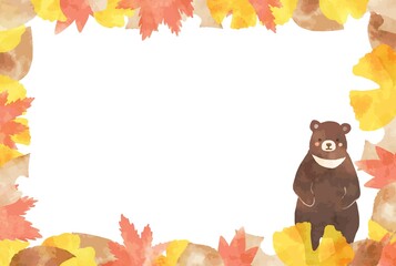 Naklejka na ściany i meble かわいいクマと紅葉の水彩の秋フレーム