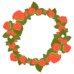 Round frame with strawberries, foliage, flowers and place for text. Circle border with summer berries for the menu. Vector template with fruits, leaves and copy space for cards.