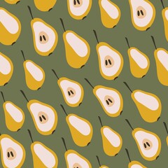 Sweet pears seamless pattern, yellow pears on a dark background.