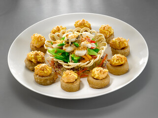 stir fried seafood with scallop, prawn, braised sea cucumber and vegetable in chef special sauce asian halal healthy menu