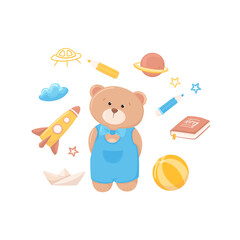 Teddy boy with toys elements set. Cute bear, rocket, planet, cloud, ball, book and paper boat. Pencils drawing ufo ship and outline stars. Vector stickers, poster, baby's card, kids illustration.