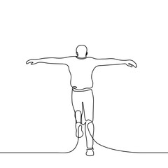 man runs with his arms outstretched like wings or an airplane - one illustration. concept of following a dream, leaving the place with great joy, flying away into a fantasy world, infantile, dreamy