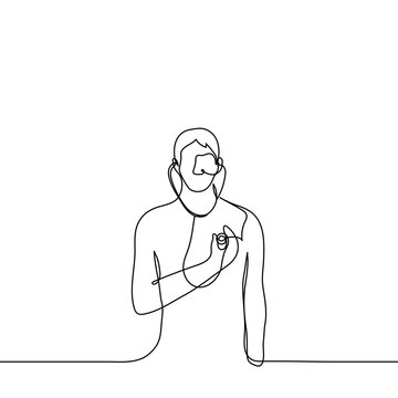 man with stethoscope listening to his heartbeat - one line drawing. the concept of listening to your heart, self-diagnosis, self-medication, trust your intuition, know yourself, self-reflection